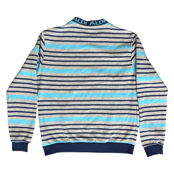 ALDI Gear Heritage Stripe Logo Collar Crewneck Sweatshirt Grey/Blue Medium - Picture 2 of 5